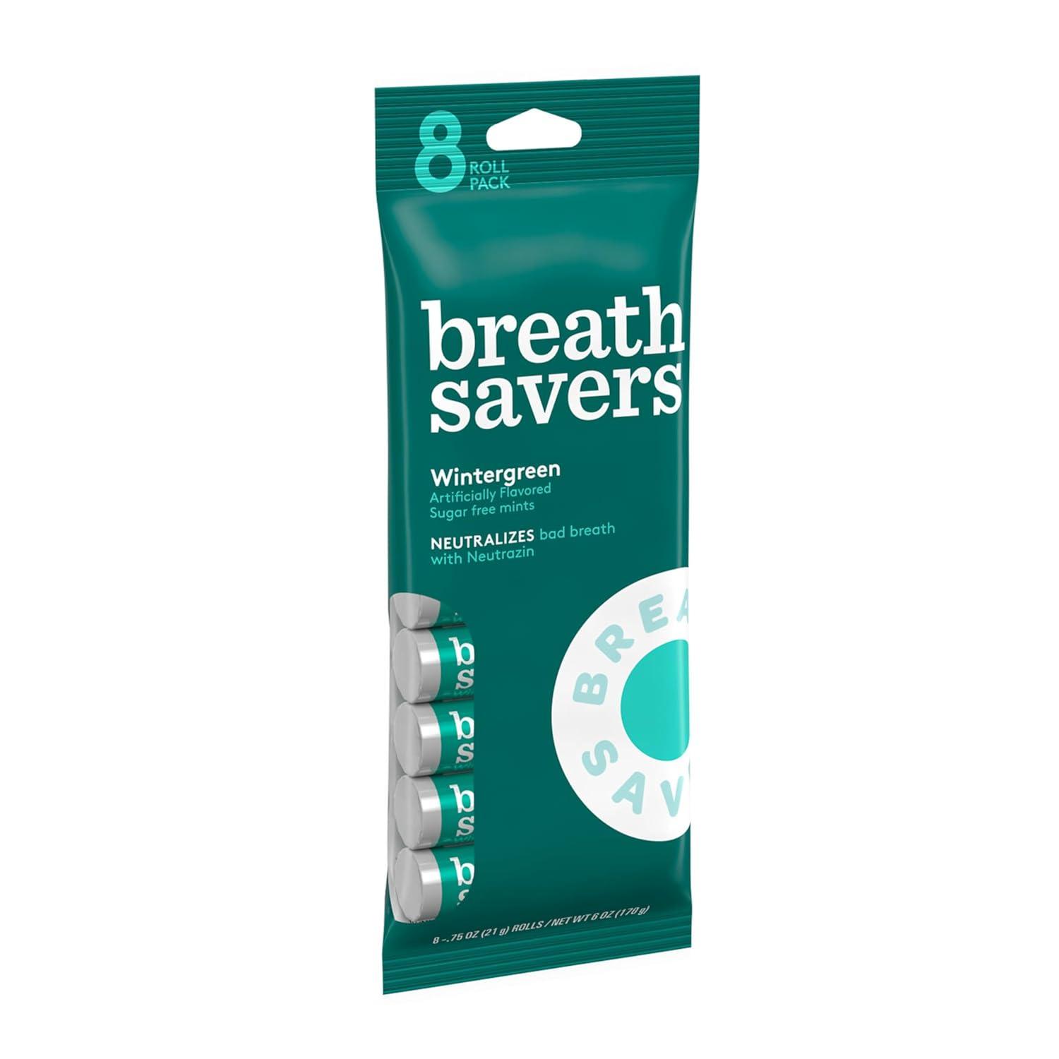 imageBREATH SAVERS Peppermint Sugar Free Breath Mints Rolls 075 oz 24 CountWintergreen