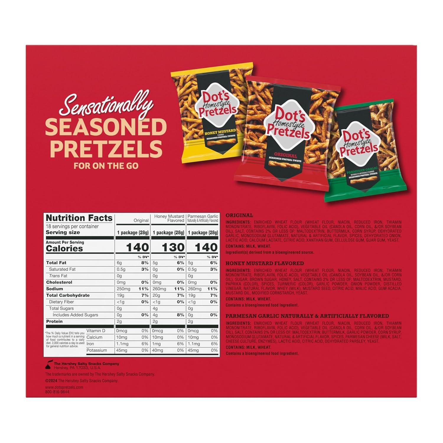 imageDots Pretzels Variety Pack Original Honey Mustard and Parmesan Garlic Twist Snack 1oz Individually Sized Bags 18 CountOriginal  Honey Mustard  Parmesan Garlic Variety Pack