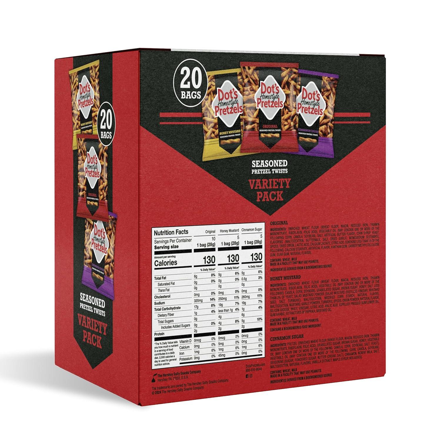 imageDots Pretzels Variety Pack Original Honey Mustard and Parmesan Garlic Twist Snack 1oz Individually Sized Bags 18 CountOriginal  Honey Mustard  and Cinnamon Sugar Variety Pack