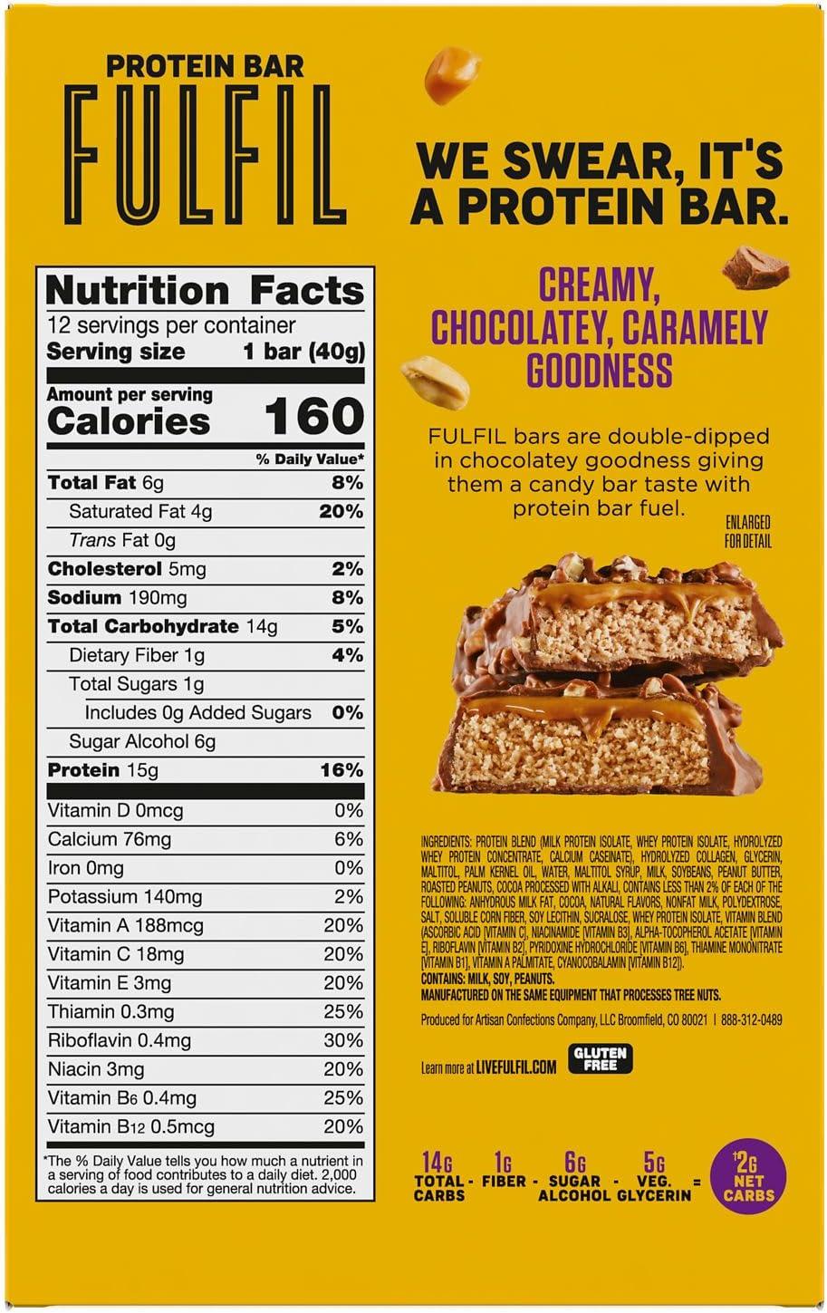 imageFULFIL Protein Snack Bars Chocolate Salted Caramel Flavored Gluten Free with 15g Protein Pantry Staples 12 CountChocolate Peanut Caramel