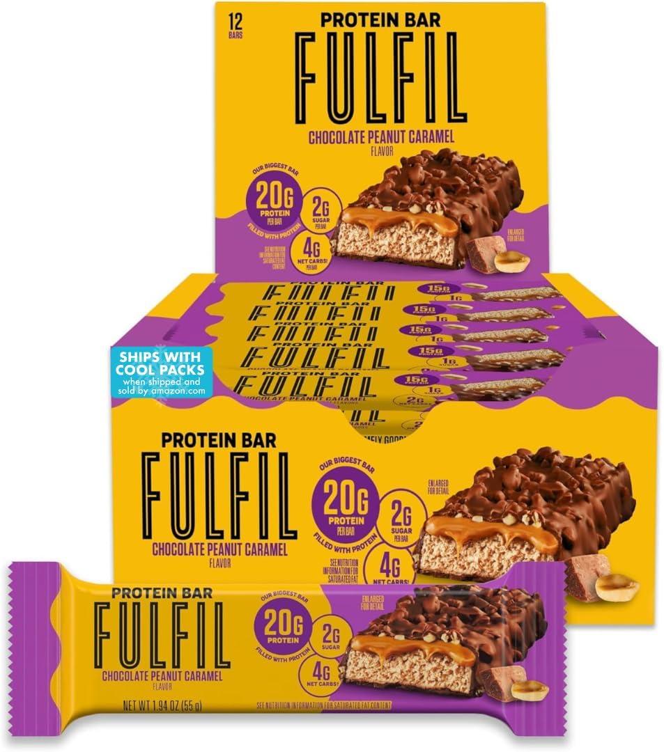 imageFULFIL Protein Snack Bars Chocolate Salted Caramel Flavored Gluten Free with 15g Protein Pantry Staples 12 CountChocolate Peanut Caramel