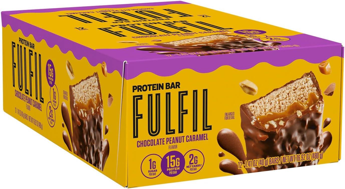 imageFULFIL Protein Snack Bars Chocolate Salted Caramel Flavored Gluten Free with 15g Protein Pantry Staples 12 CountChocolate Peanut Caramel