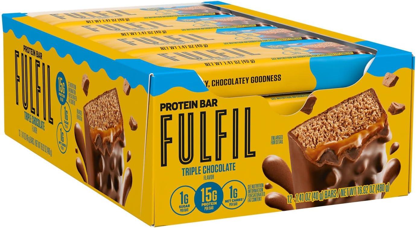 imageFULFIL Protein Snack Bars Chocolate Salted Caramel Flavored Gluten Free with 15g Protein Pantry Staples 12 CountTriple Chocolate