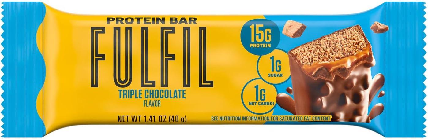 imageFULFIL Protein Snack Bars Chocolate Salted Caramel Flavored Gluten Free with 15g Protein Pantry Staples 12 CountTriple Chocolate