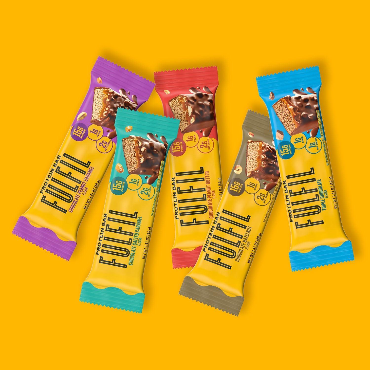 imageFULFIL Protein Snack Bars Chocolate Salted Caramel Flavored Gluten Free with 15g Protein Pantry Staples 12 CountTriple Chocolate