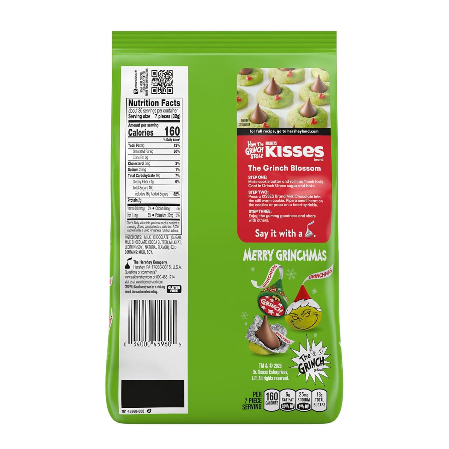 imageHERSHEYS KISSES Grinch Milk Chocolate Christmas Candy Bulk Bag 3385 ozMilk Chocolate