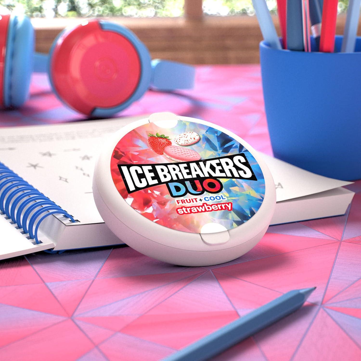 imageICE BREAKERS Duo Fruit Plus Cool Strawberry Flavored Sugar Free Mints Pucks 13 oz 8 Count