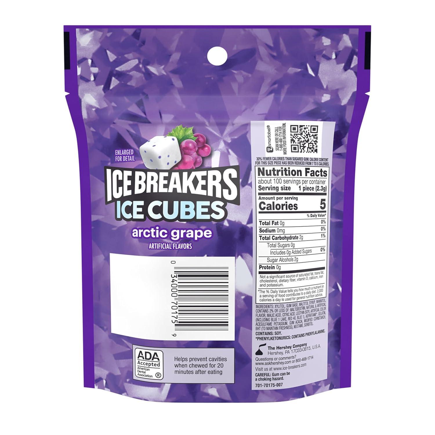 imageICE BREAKERS Ice Cubes Arctic Grape Flavored Sugar Free Chewing Gum Pouch 811 oz 100 PiecesArctic Grape