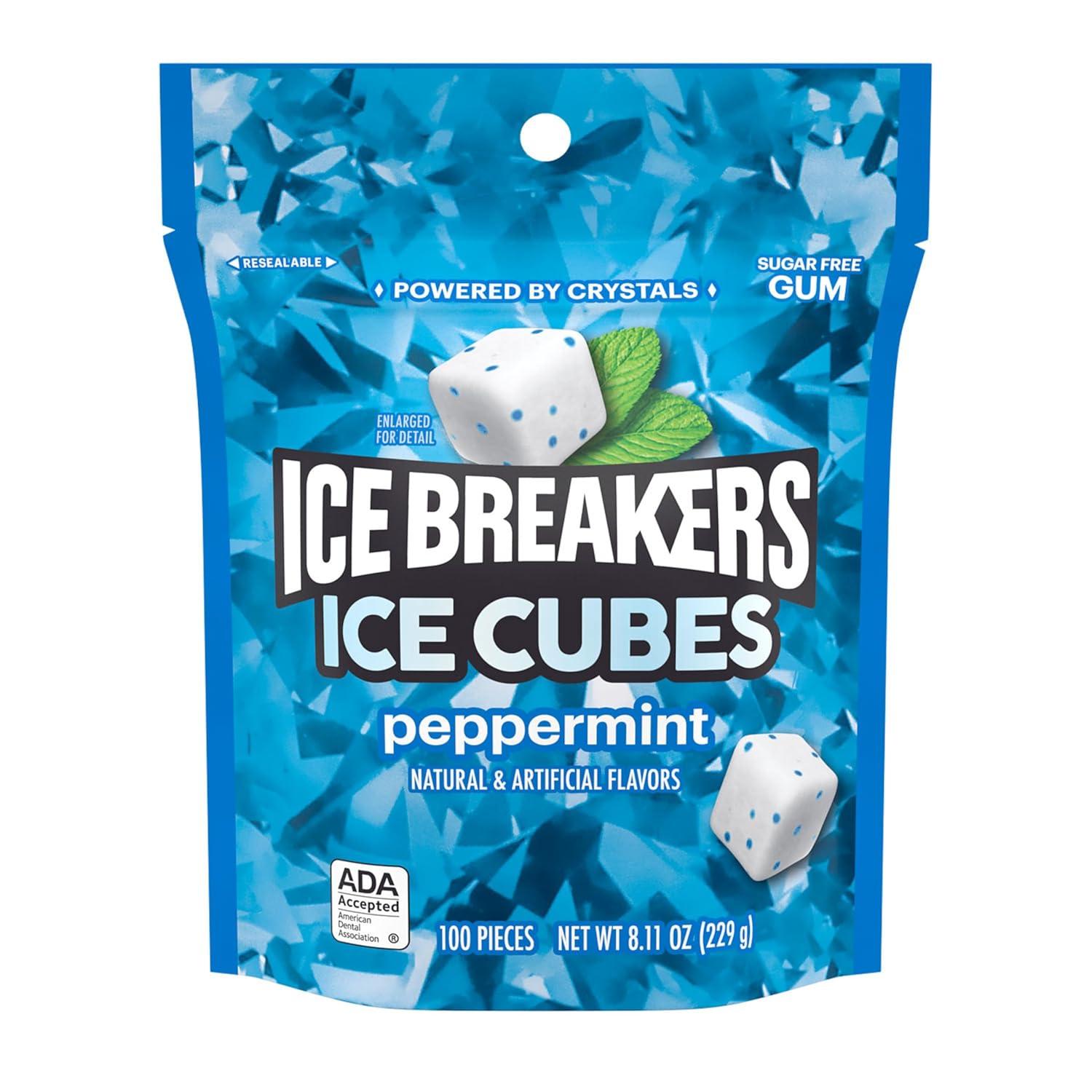 imageICE BREAKERS Ice Cubes Peppermint Sugar Free Chewing Gum Pouch 811 oz 100 PiecesPeppermint