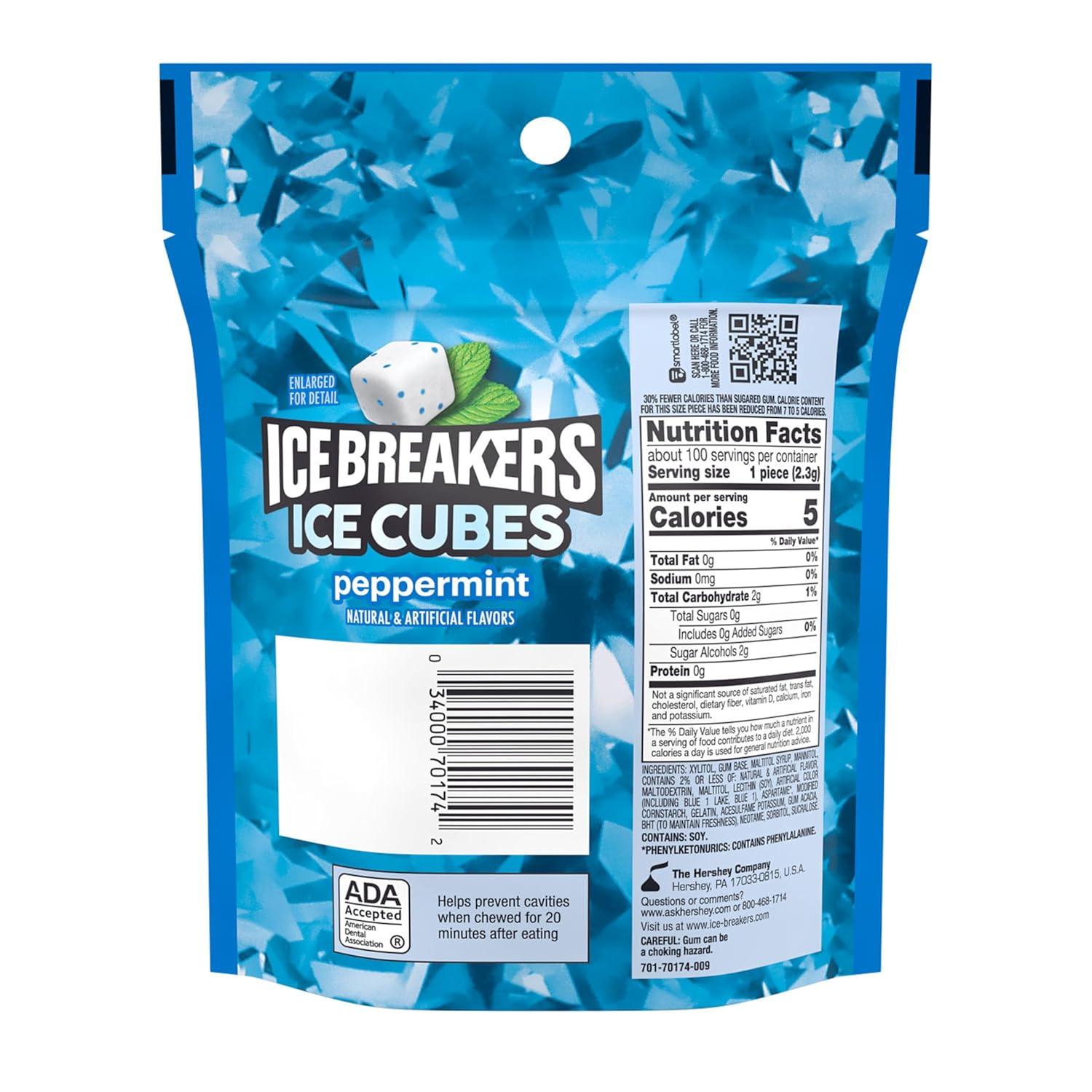 imageICE BREAKERS Ice Cubes Peppermint Sugar Free Chewing Gum Pouch 811 oz 100 PiecesPeppermint