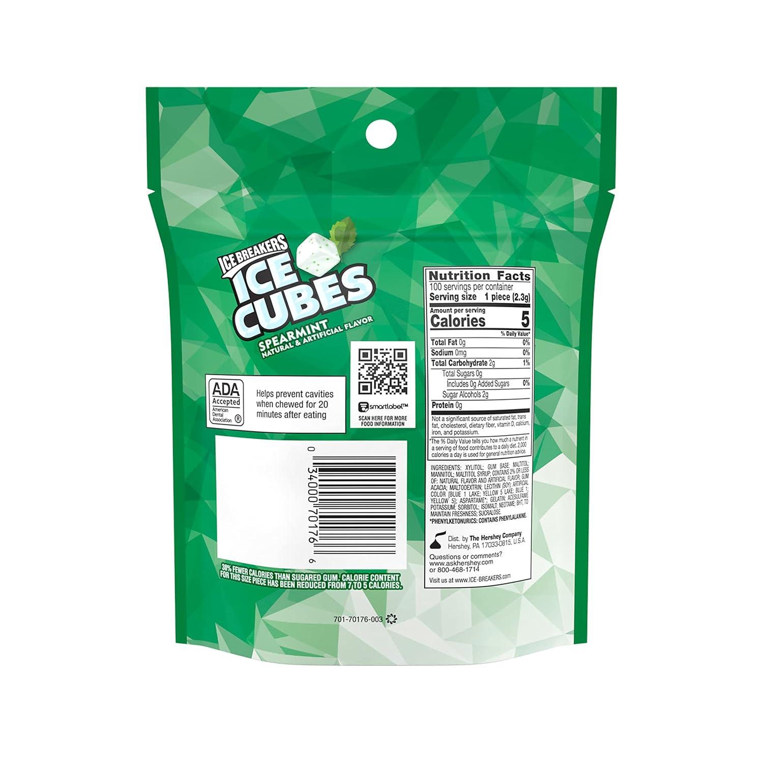 imageICE BREAKERS Ice Cubes Spearmint Sugar Free Chewing Gum Pouch 811 oz 100 PiecesSpearmint