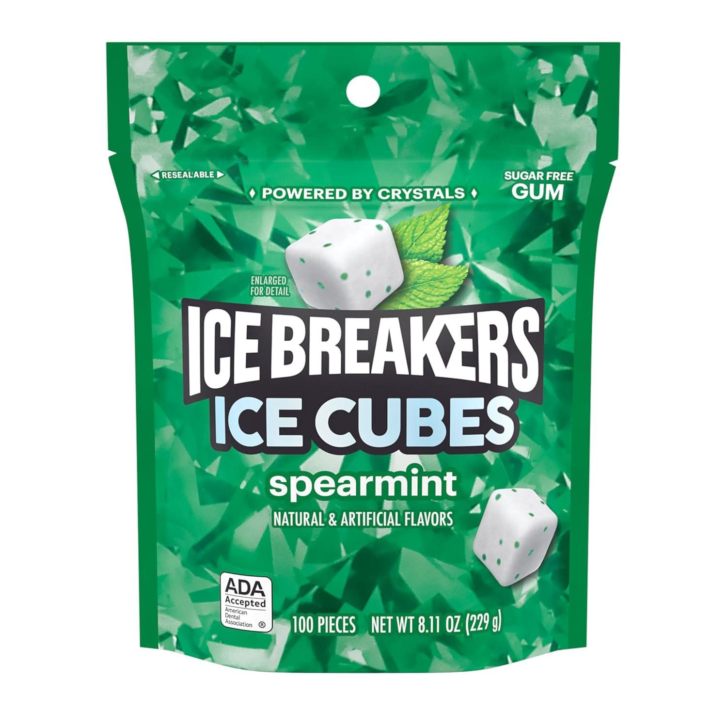 imageICE BREAKERS Ice Cubes Spearmint Sugar Free Chewing Gum Pouch 811 oz 100 PiecesSpearmint