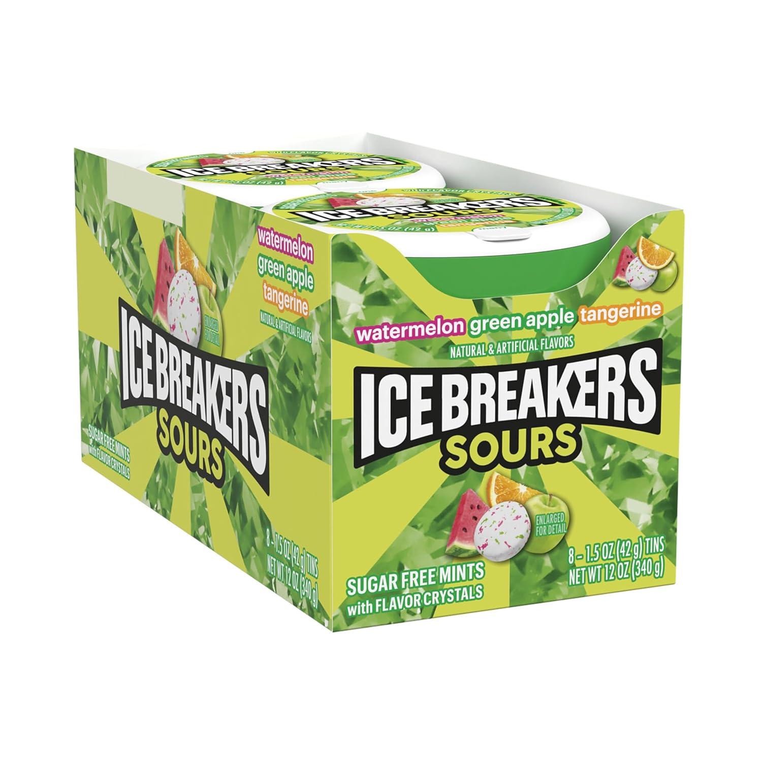 imageICE BREAKERS Sours Assorted Fruit Flavored Sugar Free Mints Tins 15 oz 8 CountSours