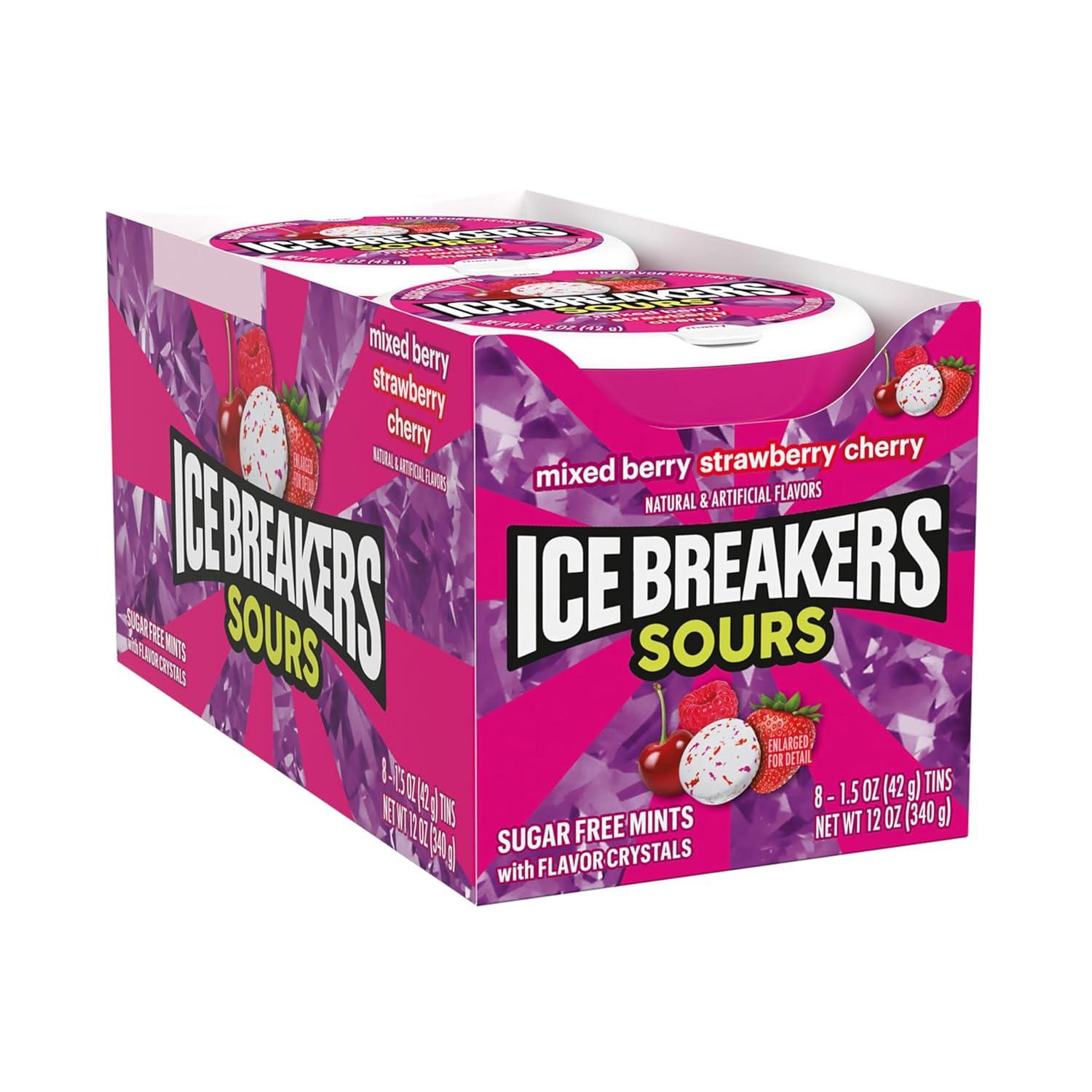 imageICE BREAKERS Sours Assorted Fruit Flavored Sugar Free Mints Tins 15 oz 8 CountSours Mixed Berry