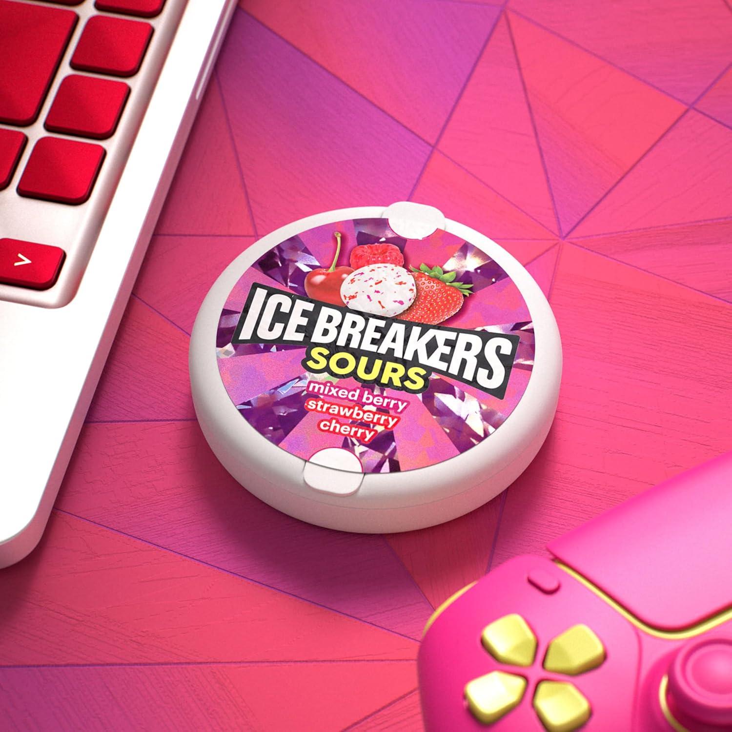 imageICE BREAKERS Sours Assorted Fruit Flavored Sugar Free Mints Tins 15 oz 8 CountSours Mixed Berry