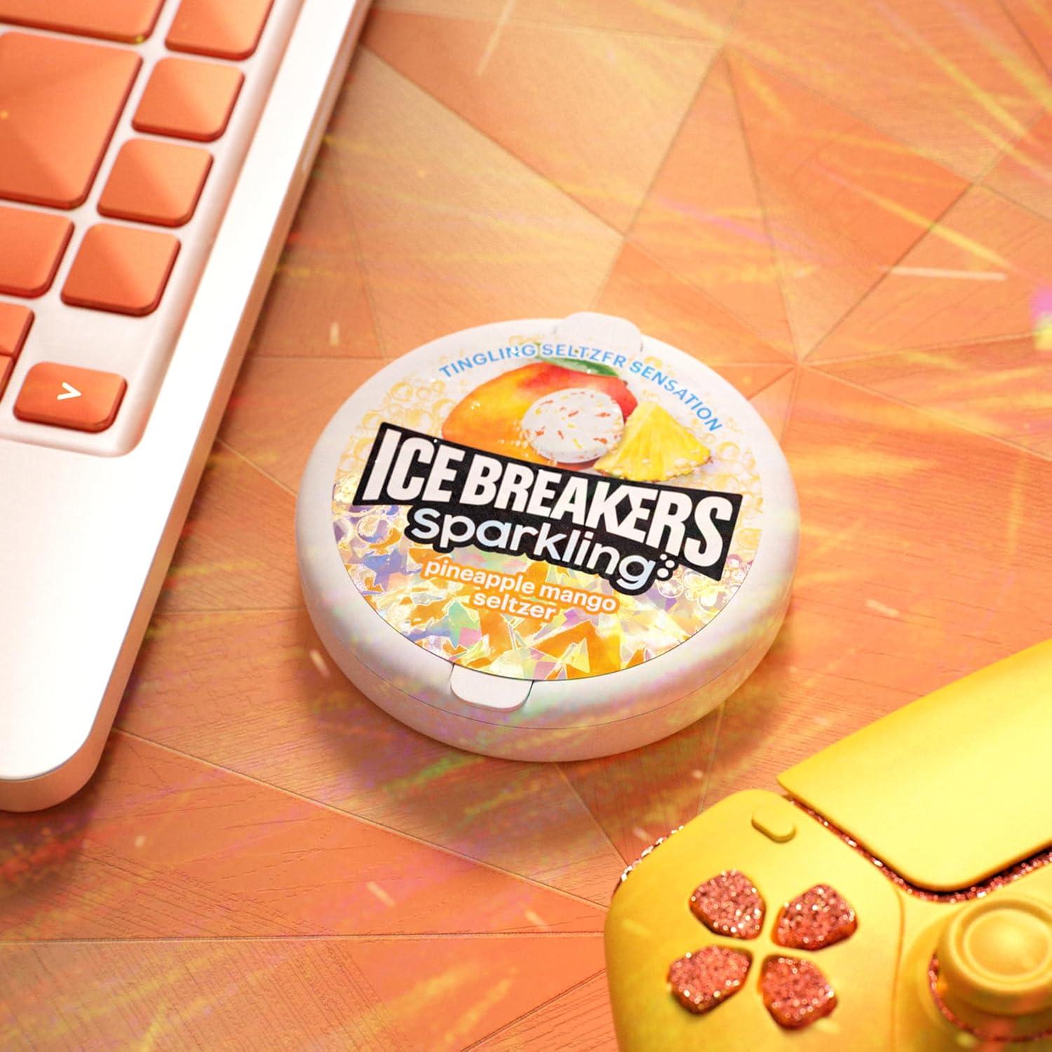 imageICE BREAKERS Sparkling Pineapple Mango Seltzer Sugar Free Mints Tins 15 oz 8 CountPineapple Mango