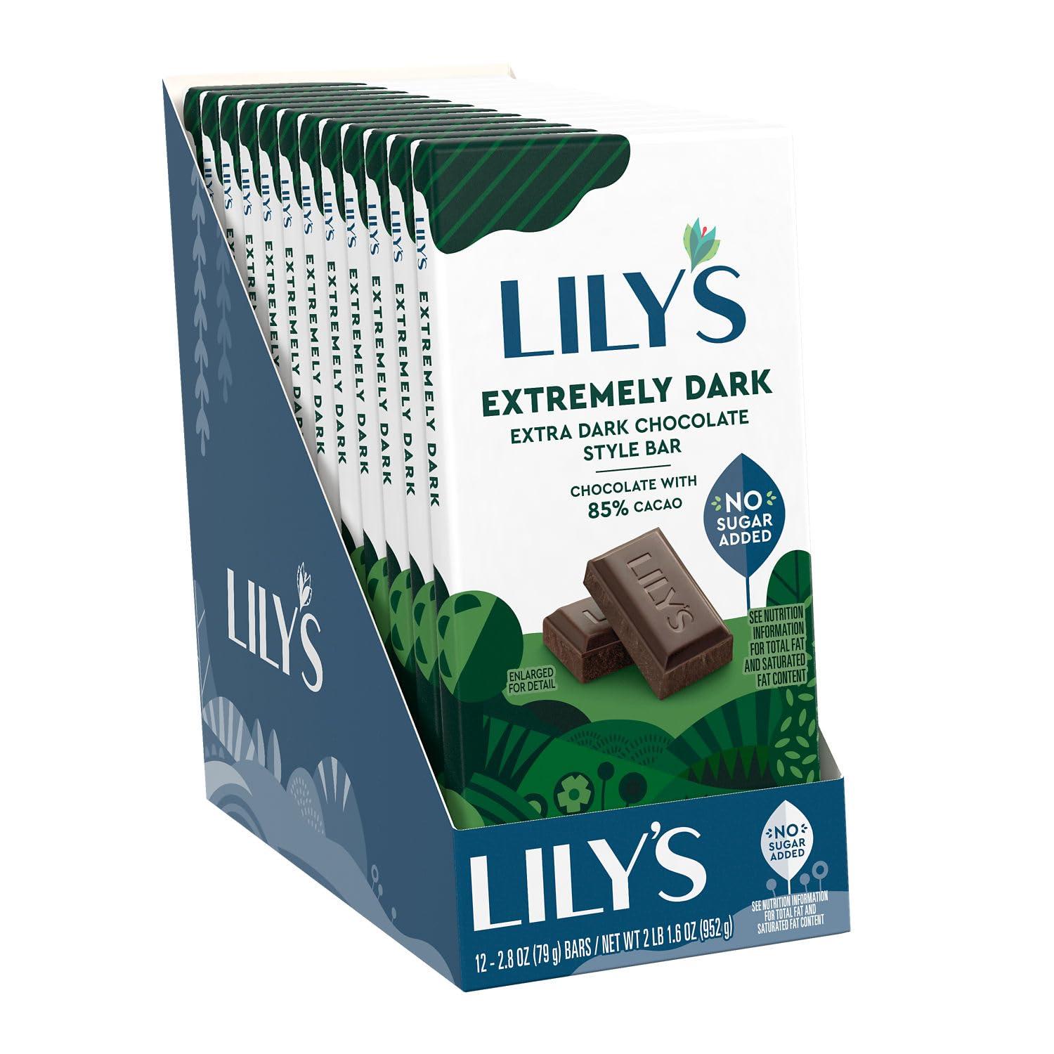 imageLILYS Extra Dark Chocolate Style No Sugar Added Sweets Bars 28 oz 12 CountExtremely Dark Extra Dark Chocolate