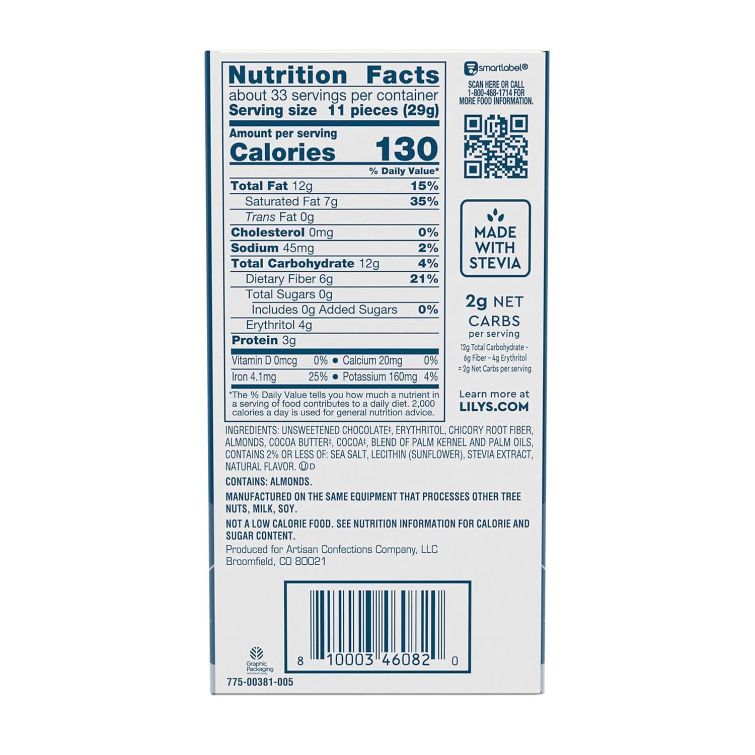 imageLILYS Extra Dark Chocolate Style No Sugar Added Sweets Bars 28 oz 12 CountSalted Almond