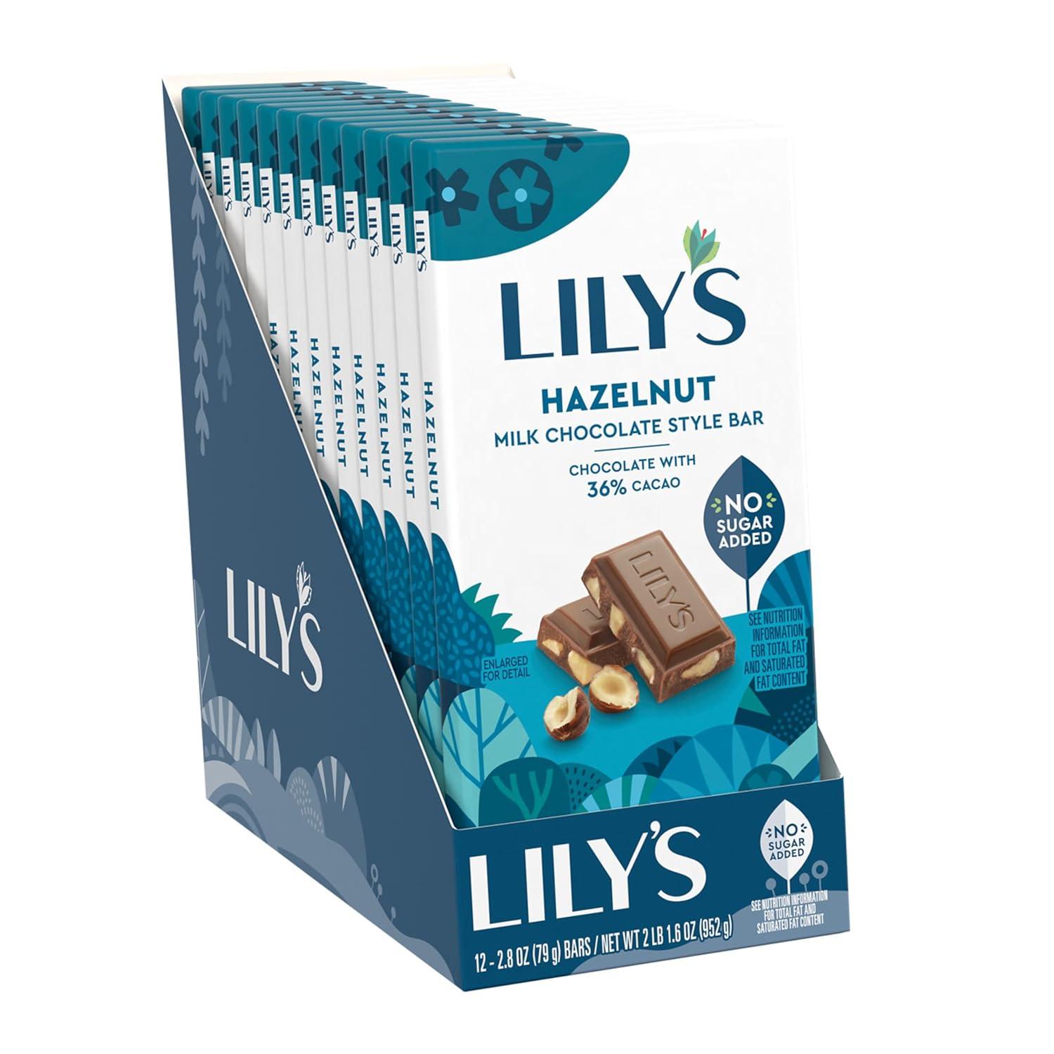 imageLILYS Hazelnut Milk Chocolate Style No Sugar Added Sweets Bars 28 oz 12 CountHazelnut Milk Chocolate Style