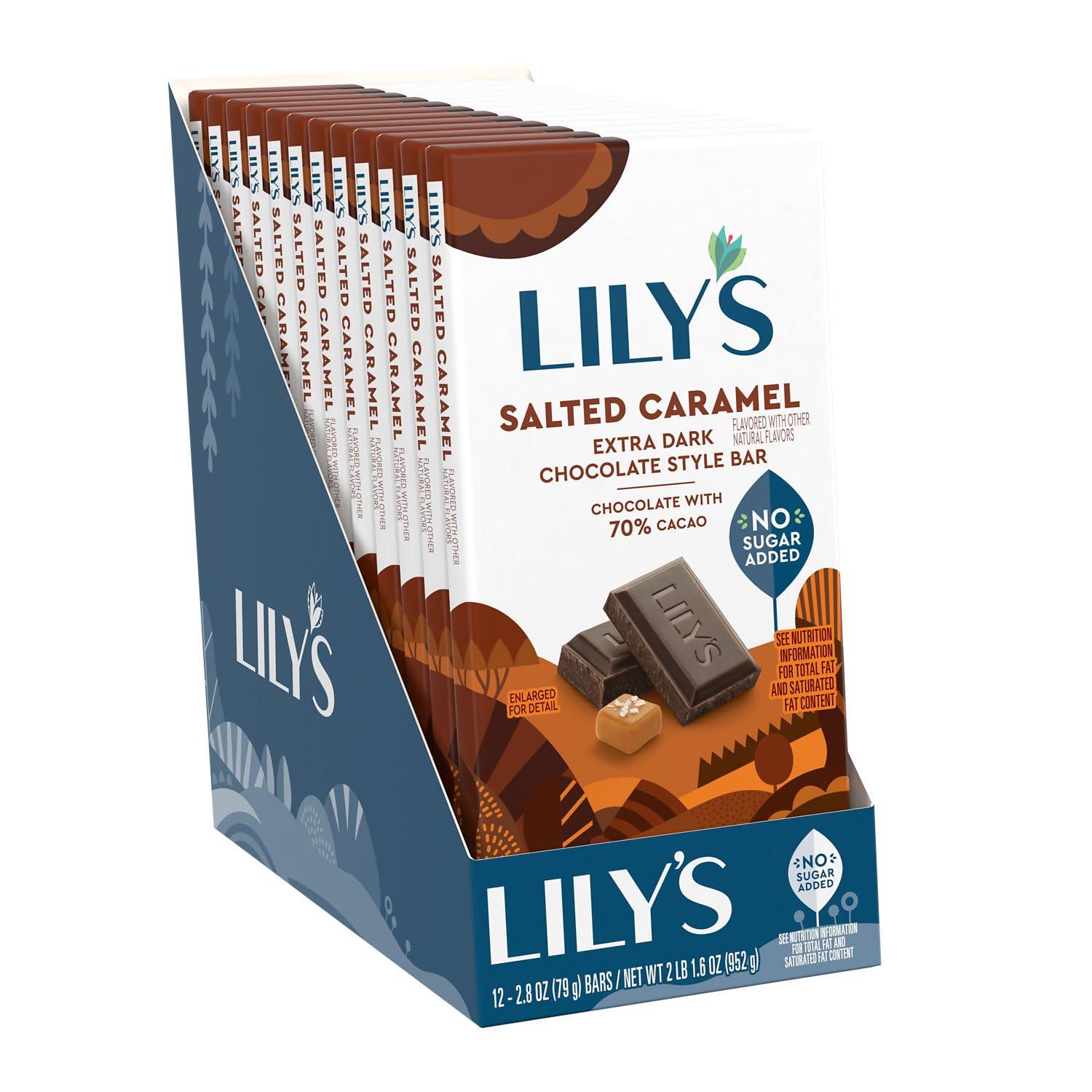 imageLILYS Salted Caramel Extra Dark Chocolate Style No Sugar Added Sweets Bars 28 oz 12 Count