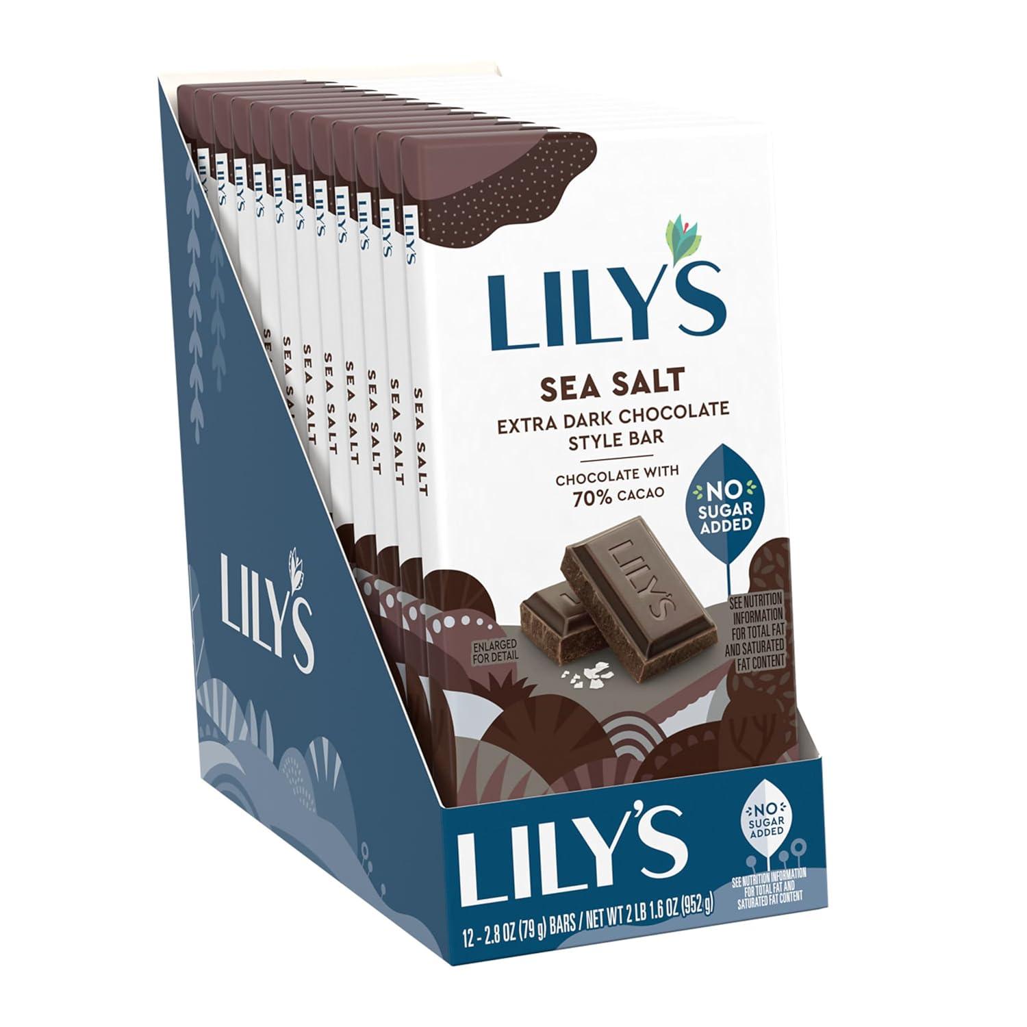 imageLILYS Sea Salt Extra Dark Chocolate Style No Sugar Added Sweets Bars 28 oz 12 Count