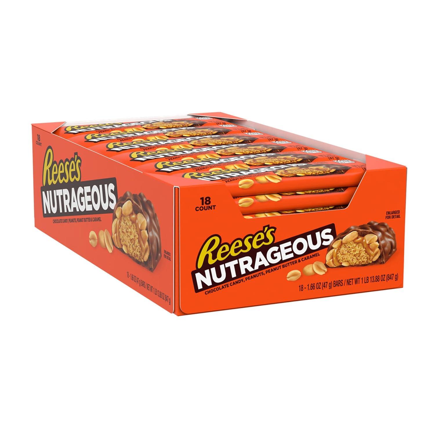 imageREESES NUTRAGEOUS Chocolate Peanut Butter Caramel and Peanut Candy Bars 166 oz 18 Count