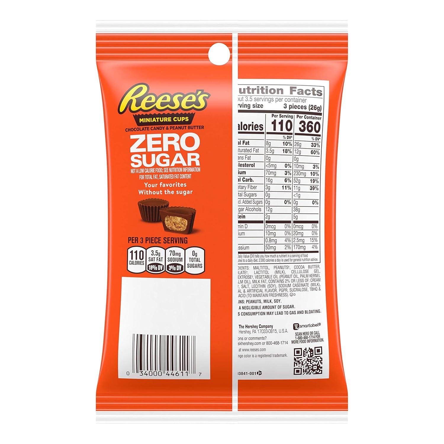imageREESES Zero Sugar Miniatures Chocolate Peanut Butter Cups Candy Bags 3 oz 12 CountChocolate