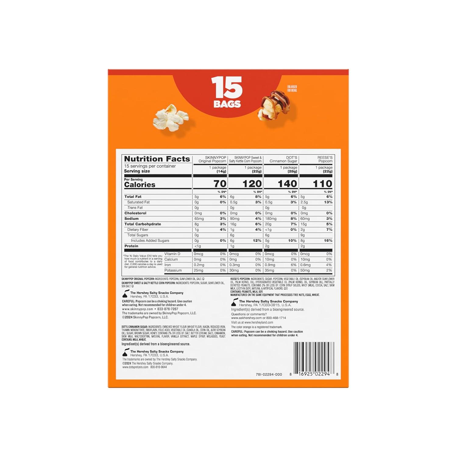 imageSkinnyPop Sweet ampamp Salty Variety Pack SkinnyPop Original and Kettle Corn Dots Cinnamon Sugar Pretzels Reeses Popcorn OntheGo Snacks Individually Sized Bags 15 CountSweet  Salty Multipack