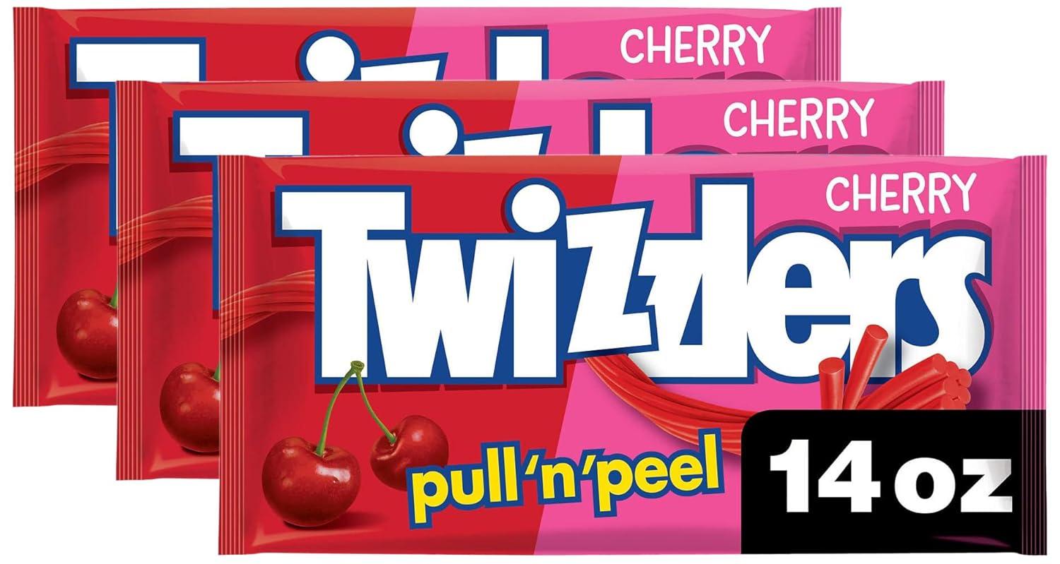 imageTWIZZLERS PULL N PEEL Cherry Flavored Licorice Style Chewy Candy Big Bag 28 ozCherry