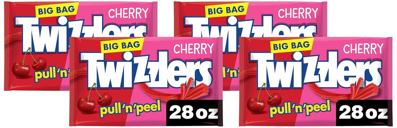 imageTWIZZLERS PULL N PEEL Cherry Flavored Licorice Style Chewy Candy Big Bag 28 ozCherry