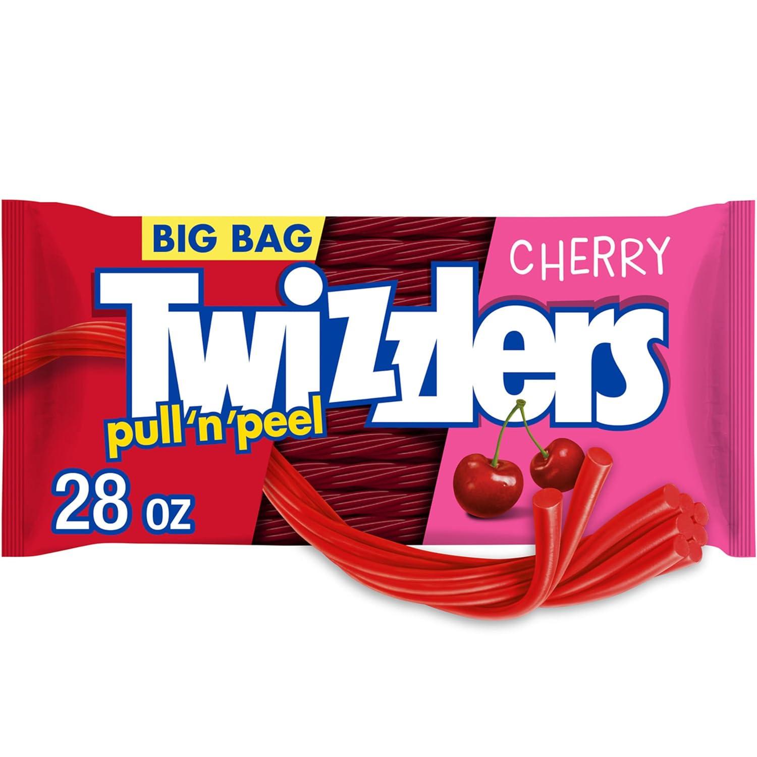 imageTWIZZLERS PULL N PEEL Cherry Flavored Licorice Style Chewy Candy Big Bag 28 ozCherry