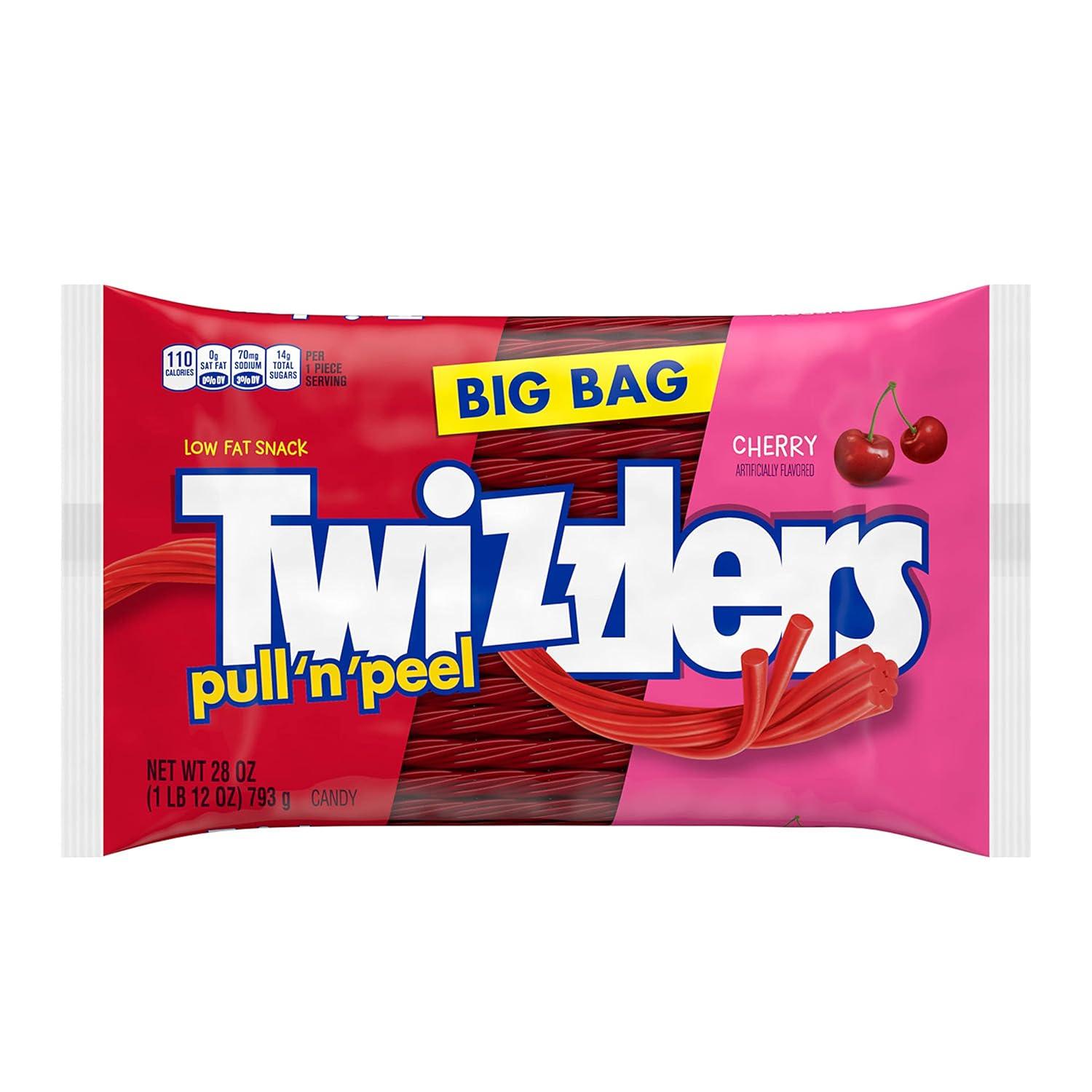 imageTWIZZLERS PULL N PEEL Cherry Flavored Licorice Style Chewy Candy Big Bag 28 ozCherry