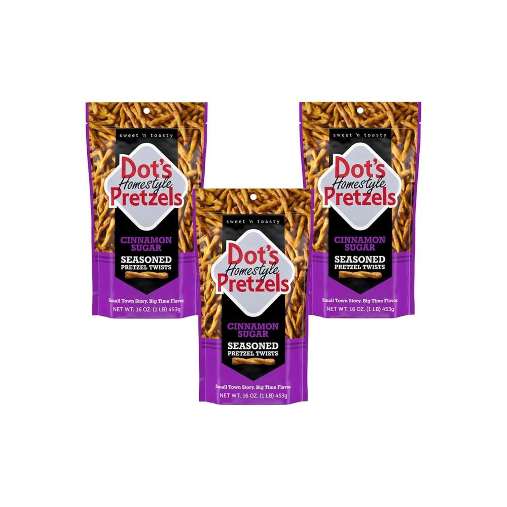 imageDots Pretzels Bundle Pack Original Honey Mustard and Cinnamon Sugar Seasoned Pretzel Twist Snack 16oz Grocery Sized Bags 3 PackCinnamonSugar