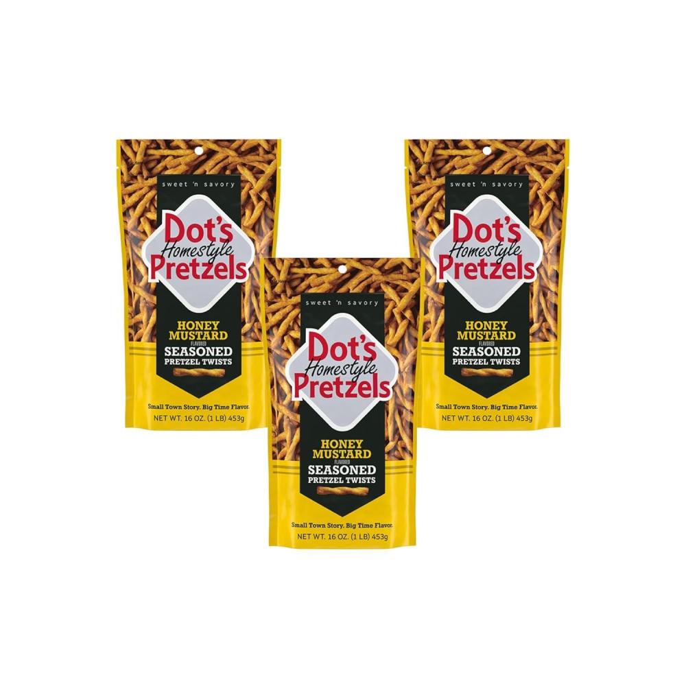 imageDots Pretzels Bundle Pack Original Honey Mustard and Cinnamon Sugar Seasoned Pretzel Twist Snack 16oz Grocery Sized Bags 3 PackHoneyMustard