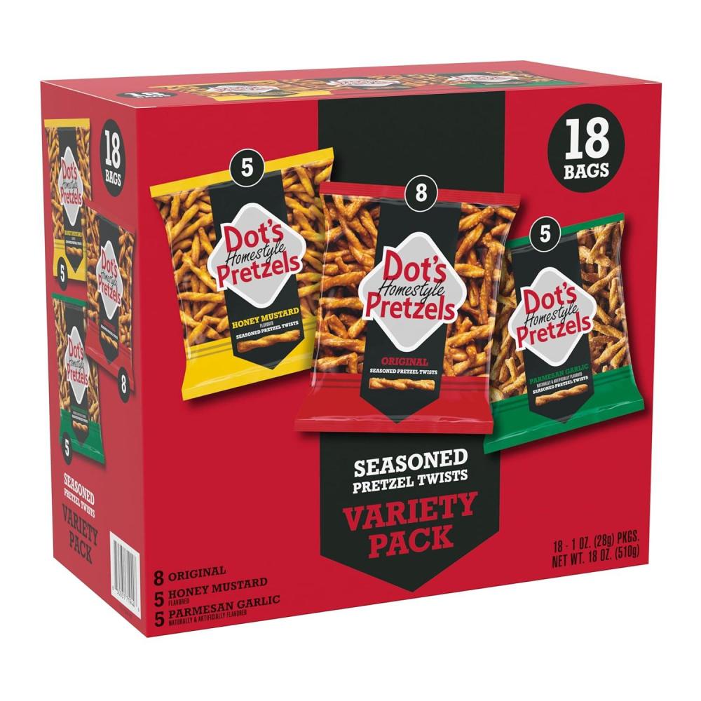 imageDots Pretzels Variety Pack Original Honey Mustard and Parmesan Garlic Twist Snack 1oz Individually Sized Bags 18 CountOriginal  Honey Mustard  Parmesan Garlic Variety Pack