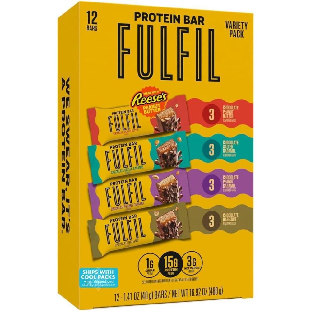 imageFULFIL Protein Snack Bars Chocolate Salted Caramel Flavored Gluten Free with 15g Protein Pantry Staples 12 CountVariety Pack