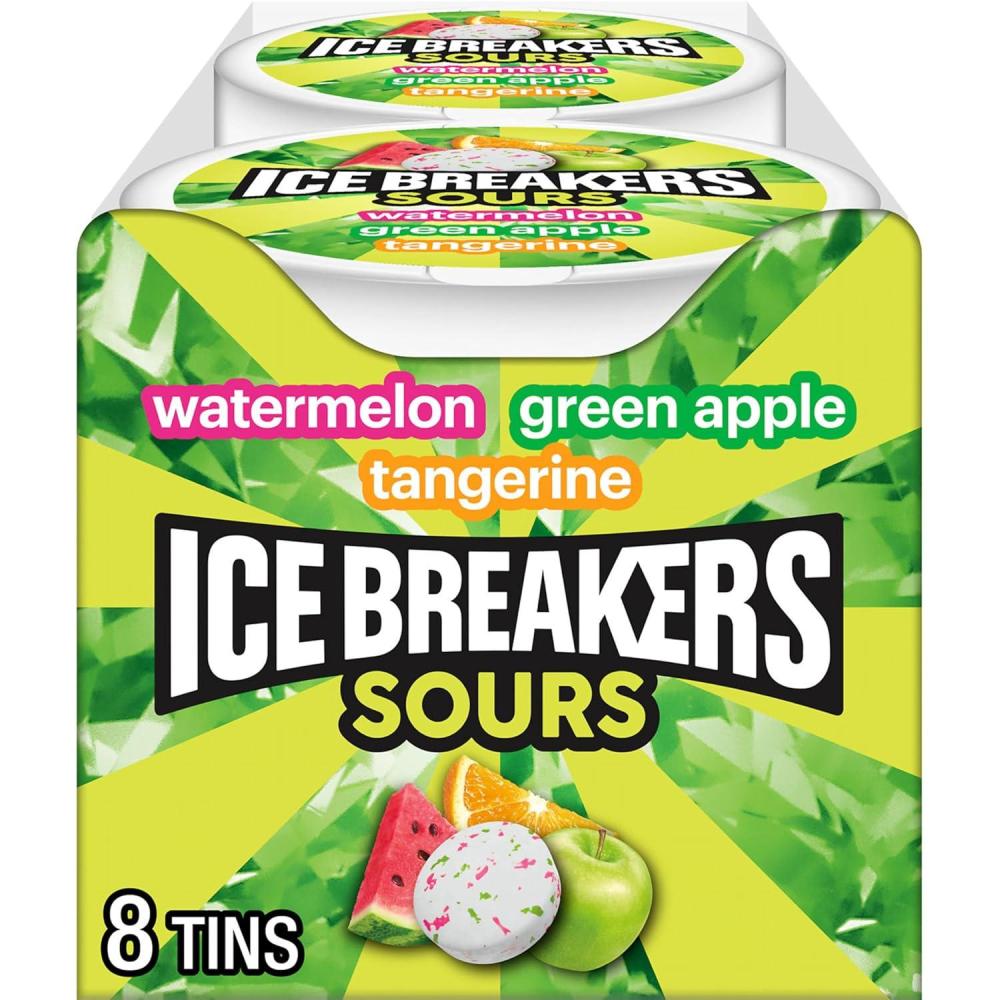 imageICE BREAKERS Sours Assorted Fruit Flavored Sugar Free Mints Tins 15 oz 8 CountSours