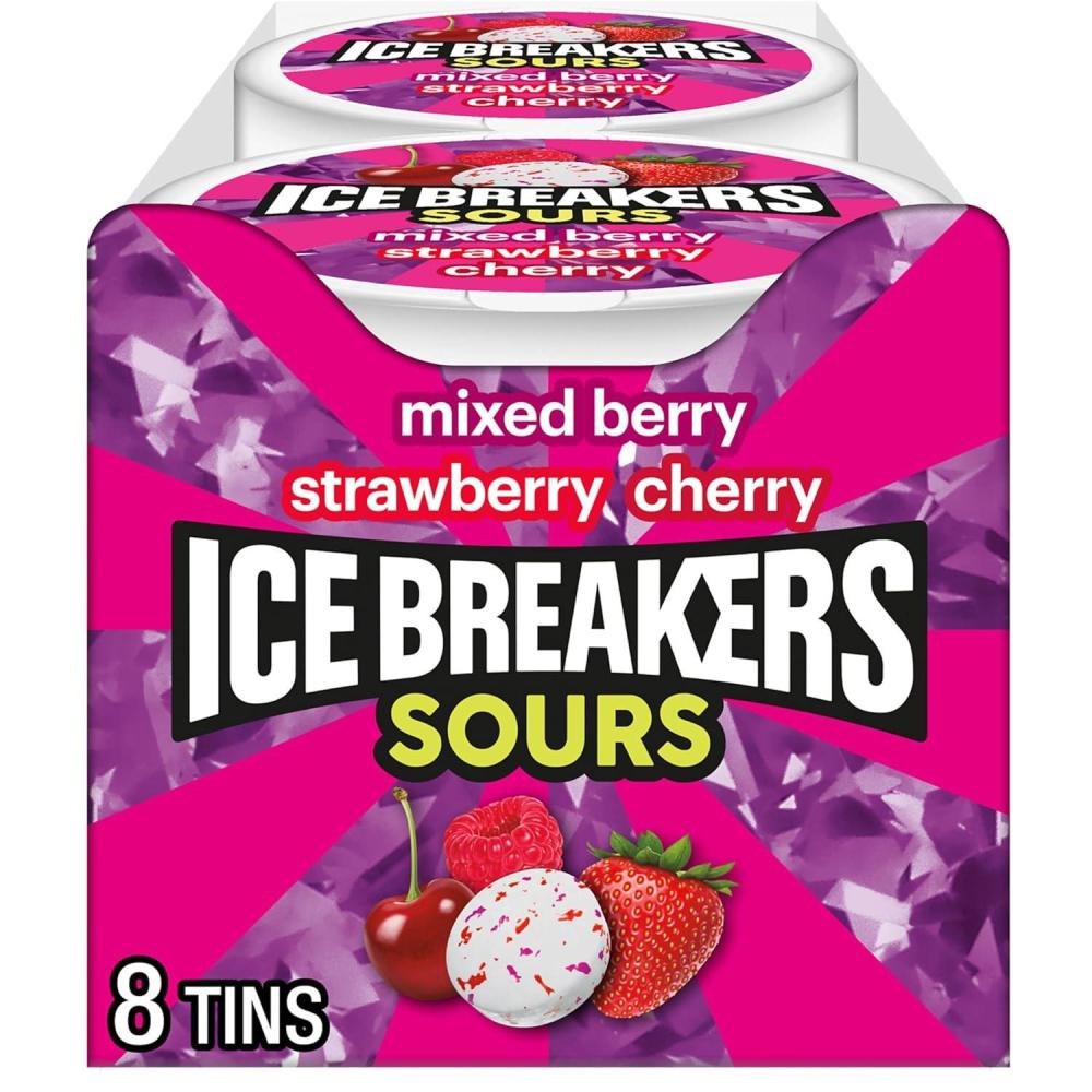 imageICE BREAKERS Sours Assorted Fruit Flavored Sugar Free Mints Tins 15 oz 8 CountSours Mixed Berry