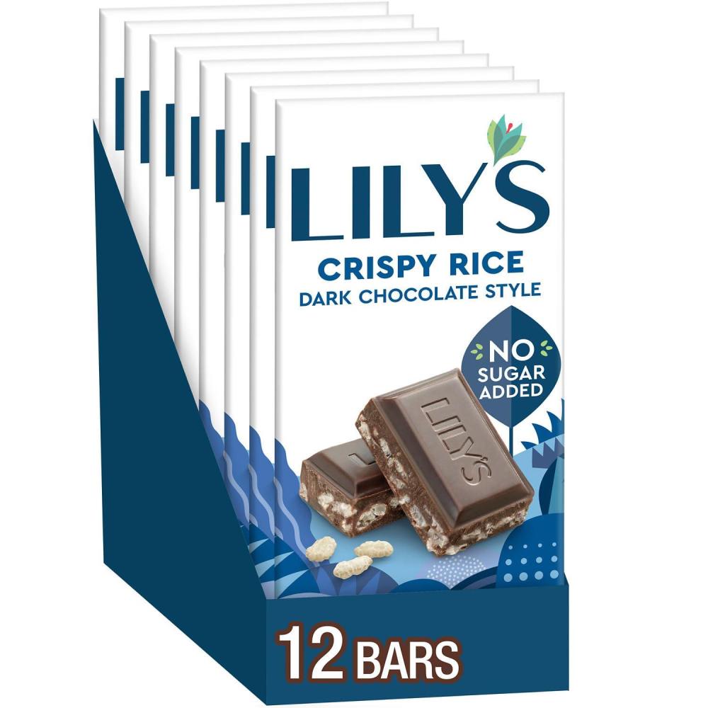 imageLILYS Extra Dark Chocolate Style No Sugar Added Sweets Bars 28 oz 12 CountCrispy Rice Dark Chocolate Style