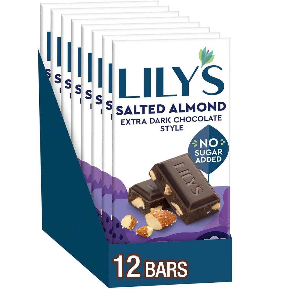 imageLILYS Extra Dark Chocolate Style No Sugar Added Sweets Bars 28 oz 12 CountSalted Almond