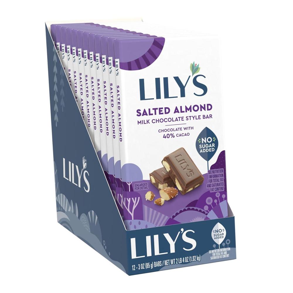 imageLILYS Hazelnut Milk Chocolate Style No Sugar Added Sweets Bars 28 oz 12 CountSalted Almond Milk Chocolate Style