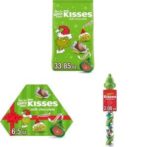 HERSHEY’S KISSES Grinch Milk Chocolate, Christmas Candy Bulk Bag, 33.85 oz & Grinch Christmas Candy Gift Box, 6.5 oz & HERSHEY’S KISSES Filled Plastic Cane, 2.08 oz