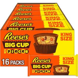 REESE’S Big Cup with Pieces Milk Chocolate King Size Peanut Butter Cups, Candy Packs, 2.8 oz (16 Count)